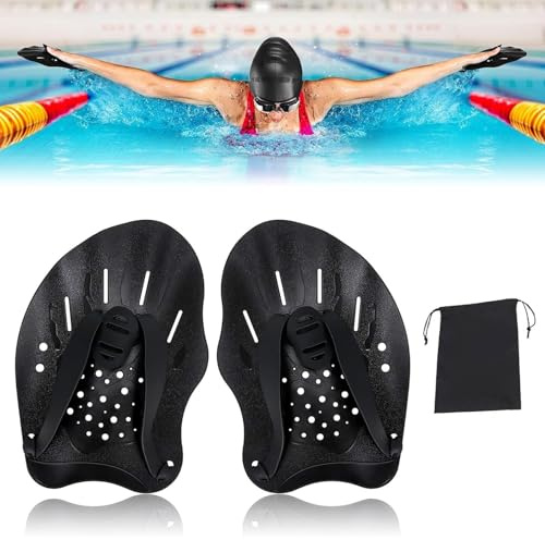 1 Paar Hand Paddles Schwimmen, Schwarz Handpaddel zum Schwimmen mit 1 Aufbewahrungstasche, Schwimmpaddel mit verstellbaren Riemen ,Krafttrainingshilfe, Pool-Übungsgeräte für Erwachsene, Kinder, Unisex