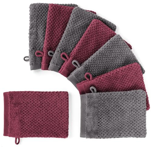 Pure Label Waschhandschuhe 8-TLG. 8x16x21, Anthrazit | Beere | weich, saugstark, 100% Baumwolle & OEKO-TEX, mit Schlaufe