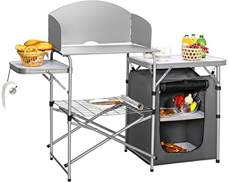 COSTWAY Table de Camping Extérieur avec Rangement, Cuisine de Camp Pliable avec Pare-Vent Sac de Transport, Table à Gril Légère et Portable pour Fête BBQ Camping, 146 x 45,5 x 112 cm (Gris)