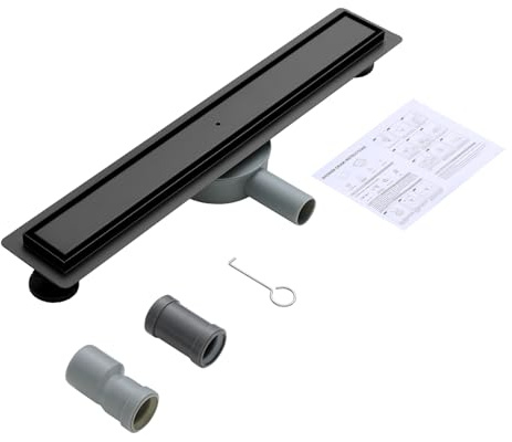 OUGOO Linear Shower Drain 60cm, 2-in-1 Tile Insert Floor Drain, 304 Stainless Steel Wet Room Channel with 360° Rotatable Siphon, Hair Strainer & Odour Trap, DN40/50 Adapters - Matte Black