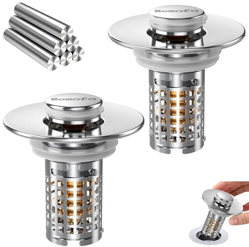 3-in-1 Bathroom Sink Stopper(2PCS), Stainless Steel Pop-up Strainer Basket Hair Catcher with Removable Basket, Brass Bullet Core, Universal Fit 1.1-2.36 Inch