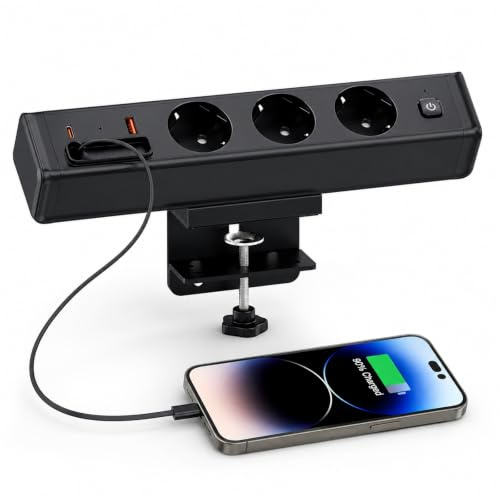 Tischsteckdose mit Kabelretraktabel USB C, Haiaoyyds Steckdosenleiste mit 3 Steckdosen, 20W PD USB A+C, 1,8m Kabel, Schalter, Steckdose für Schreibtisch, Büro & Zuhause, Schwarz
