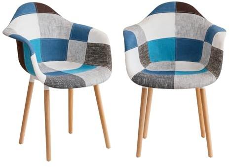 GrandCA HOME Juego de 2 Sillas de Comedor Modernas de Patchwork con Reposabrazos, Patas de Haya, Estilo Nórdico, para Cocina, Salón, Comedor y Dormitorio (Azul)