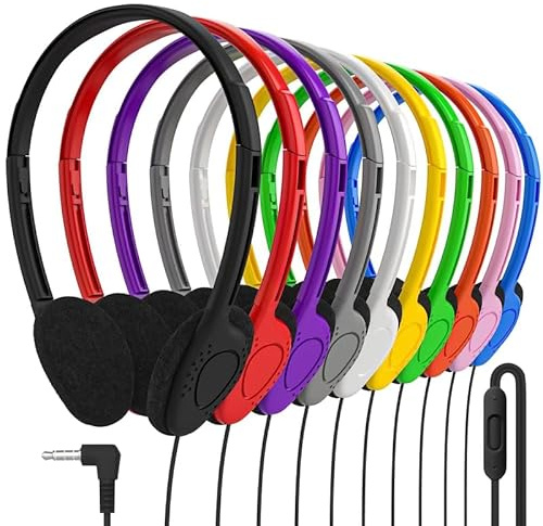 Maeline Bulk Klassenzimmer-Kopfhörer mit Mikrofon, mehrfarbig, kabelgebunden, On-Ear-Headsets, verstellbarer 3,5-mm-Stecker, einzeln verpackt für Schulen, Bibliotheken und Labors, 10 Stück