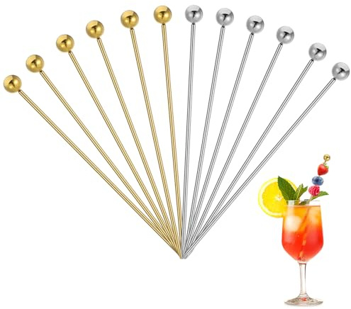 Classicseali 12 Stück Edelstahl Cocktailspieße, Wiederverwendbare Cocktail Picks, Metall Spiesse für Snacks Fingerfood für Getränke,Oliven,Vorspeisen,Obstdekoration (Gold, Silber in 2 Farben)