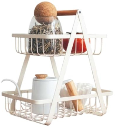 Kukyller Cesta de frutas de 2 niveles para cocina, frutero, organizador de metal desmontable con mango de madera, soporte de almacenamiento rectangular de gran capacidad, cuencos (Blanco Grande)