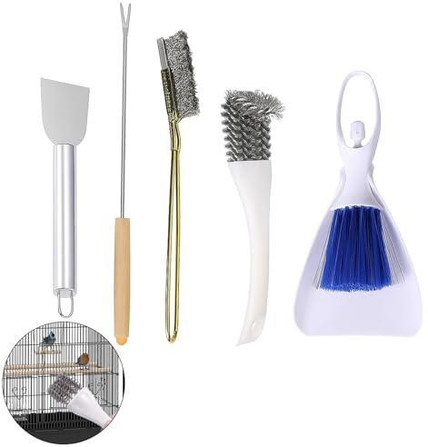 5Pcs Bird Cage Cleaner Set, Stainless Steel Bird Cage Cleaning Tools | Bird Cage Cleaner with Poop Remover Cleaning Brush, Droppings Remover & Scraper Tools, Bird Cage Accessories for Small Animal