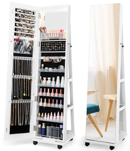 FANTASK Schmuckschrank mit Rollen, Standspiegel Schmuckregal Ganzkörperspiegel für Ketten, Ohrringe, Schminke, Spiegelschrank abschließbar mit LED-Leuchten & verstellbaren Ablagen, Weiß