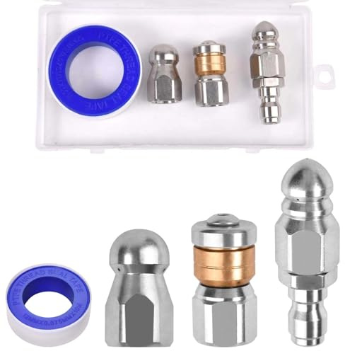 LEONTOOL 3 piezas Limpiador de alta presión Boquilla de alcantarillado Nariz botón giratorio de acero inoxidable, conexión rápida 1/4, accesorios de limpieza de drenaje para lavadoras a presión, 5000