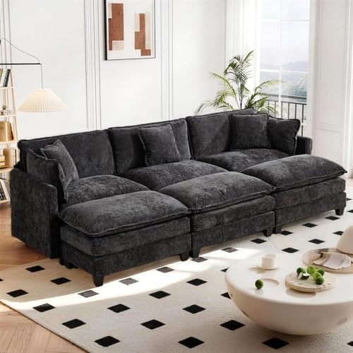 SoarFlash Modulares Wohnzimmer-Sofa, Chenille mit Doppelkissen, Schwarz 3-Sitzer + 3 Hocker