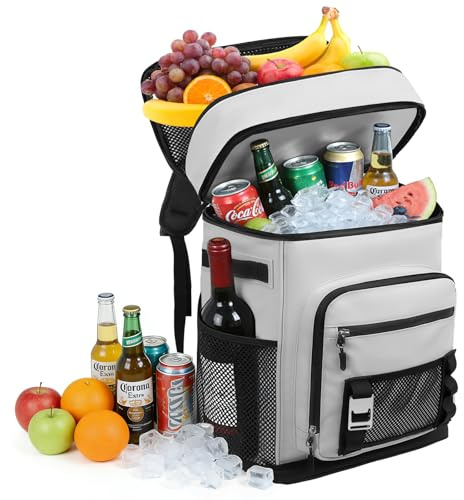 Anhow 30L Kühlrucksack, Groß Isolierte Kühltasche Wasserdichter Picknickrucksack für Männer Frauen, Tragbarer Doppeldeck Kühlrucksack mit Flaschenöffner für Picknick Reisen Camping Strand - Grau