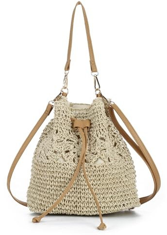 EVEOUT Stroh Geflochten Umhängetasche Damen Leicht Kunst-Raffia Eimertasche Lässige Boho Strohtasche für Strand Urlaub Sommer Alltag