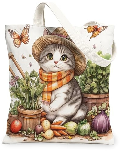 Spring American Shorthair Cat Gardening Canvas Tote Bag for Shopping 13x15, Farmhouse Country Reusable Grocery Print Pattern Bag for Women, Planting Aesthetic Painting Gift Decor