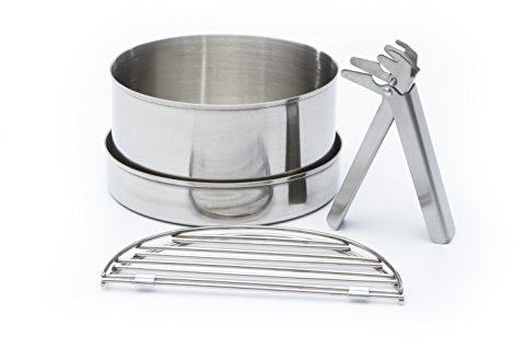 Camping Cook Set (Stainless Steel) – Small, for 'Trekker' Kettles®. (Includes a 0.45 ltr Pot, Pan/lid, 2 no. Grill pieces, Gripper handle....which all pack inside the base of the kettle for compact storage & easy transport). Quality cook set that turns your Kettle into a portable Camp Stove. Ultra fast lightweight wood fueled stove. NO Batteries, NO Gas, NO Fuel costs! For fishing, hunting, camping, fun family picnics. Weight 0.22kg
