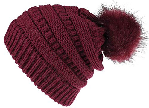 Yixda Damen Wintermütze Klassische Warme Beanie Strickmütze mit Fell-Bommel (Weinrot)
