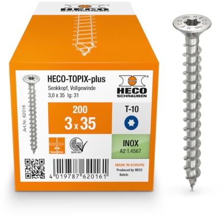 HECO-TOPIX-plus Holzschraube 3 x 35, Senkkopf mit Frästaschen, T-Drive, T-10, variables Vollgewinde, Edelstahl A2, 200 Stück