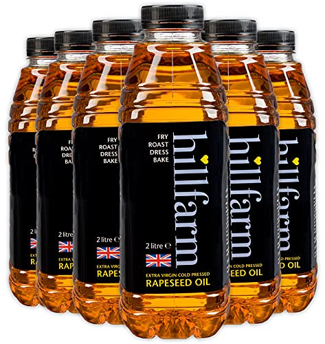 Hillfarm Extra Virgin Cold Pressed Rapeseed Oil - 6x2 Litre, Suitable for Cooking, Baking and Frying