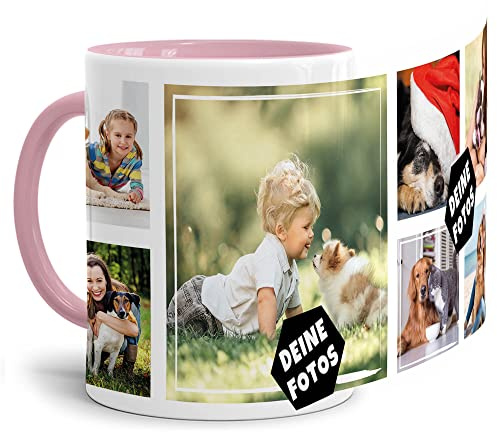 Foto-Tasse zum selbst gestalten mit Foto-Collage für 7 Wunschfotos - Geschenk für Familie, Freunde, Geburtstag, Weihnachten - Keramik Innen & Henkel Rosa, 300 ml I Personalisiert