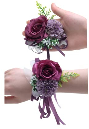 Lot de 2 boutons de poignet en soie faits à la main avec roses pour homme et mariée, poignet de mariée, bal de fin d'année, demoiselle d'honneur (violet foncé)