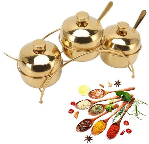 Cyrank Sugar Bowl with Lid, 3 Set 8.5x6.2cm Stainless Steel Seasoning Box with Spoon and Lid Gold Seasoning Containers Set Container Salt Bowl With Storage Rack for Kitchen(Gold)