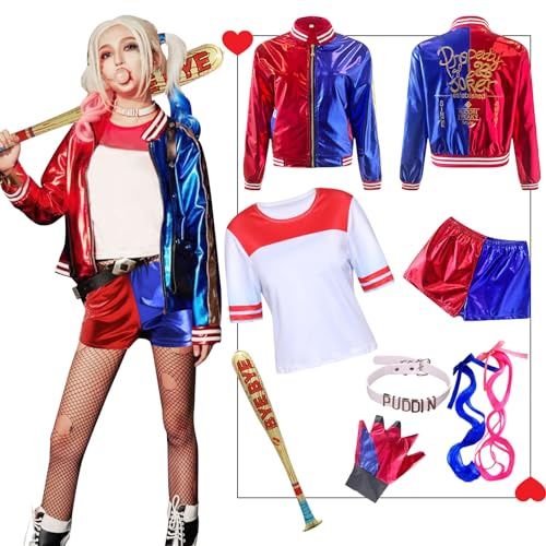 Amycute Squad Déguisement Adulte Femme, Costume Joker Fille Halloween Veste Short T-Shirt Gant Collier Perruque Bâtons Gonflable Autocollants de Tatouage Deguisement Carnaval (M)