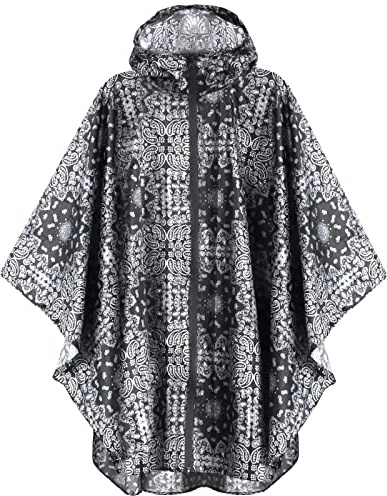 Anyoo Lätt vattentät regnponcho, återanvändbar, ripstop, ventilerande regnrock med huva för utomhusaktiviteter, en storlek, Svart blomma, one size