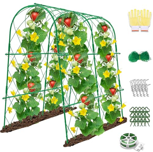 Treillis de Concombre pour Plate-Bande surélevée, 122 x 122 cm, Treillis d'arche en métal pour Plantes grimpantes à l'extérieur, Treillis de Jardin avec Filet de Treillis pour légumes, Fruits, Fleurs