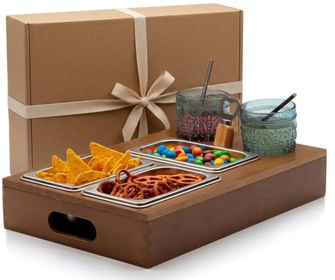 Couchbar Snachbox - Bandeja para sofá – Tres cuencos para patatas fritas y aperitivos – Soporte para bebidas – Bandeja con bandeja de madera (bambú) como mayordomo para sofá o cama – Organizador de