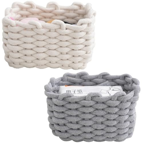 2er Set Aufbewahrungskorb Geflochten Baumwolle Strickkorb, Korb Aufbewahrung Klein Körbchen Wickeltisch Organizer, Dekorative Quadratische Speicher Regalkörbe Für Schminke Socken Spielzeug (Weiß+Grau)