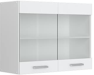 Vicco Armoire Suspendue R-Line, Blanc Haute Brillance, 80cm avec Portes vitrées, pour Le Rangement d’Objets ménagers et Utilitaires