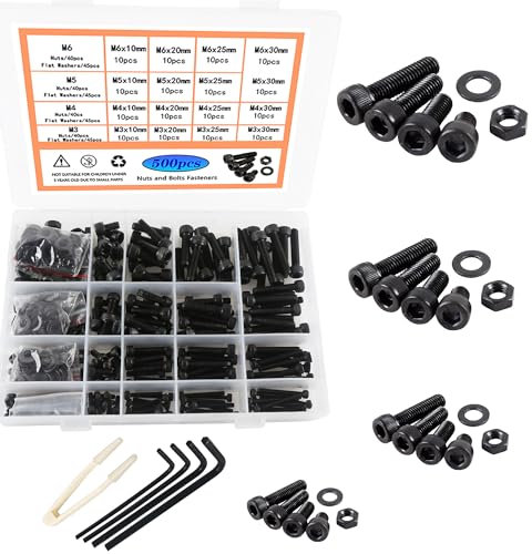 Rshuhx Viti esagonali M3, M4, M5, M6, 12,9 gradi, in lega di acciaio, nero, con attacco esagonale e scanalature, set di rondelle dotate di chiave esagonale, campo di classificazione del prodotto, 500