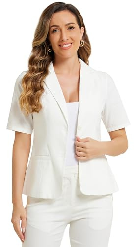 Blazer para mujer de Allegra K, manga corta, con botones en el frente, cuello de solapa, de algodón y lino, chaqueta de trabajo y oficina casual, blanco, S