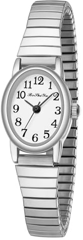BOSHIYA Silber Uhren für Frauen Easy Read Analog Quarz Frauen Uhr mit Edelstahl Expansion Band Damen Armbanduhren wasserdicht