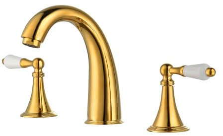 Yalsfowe Badezimmer-Wasserhahn mit 3 Löchern, goldener Badezimmer-Waschbeckenhahn mit 2 Griffen, Badezimmer-Mischbatterie, Waschtisch-Wasserhahn für Deckmontage