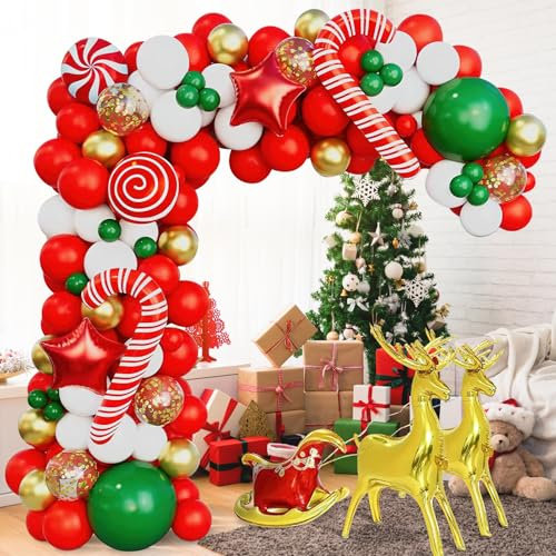 Palloncini Natale Arco, FainFun 111 Pezzi Decorazioni Compleanno Natale, Palloncini Natalizi, Decorazioni Natalizie con Palloncini in Foil e Lattice, Arco di Palloncini per Decorazione di Natale