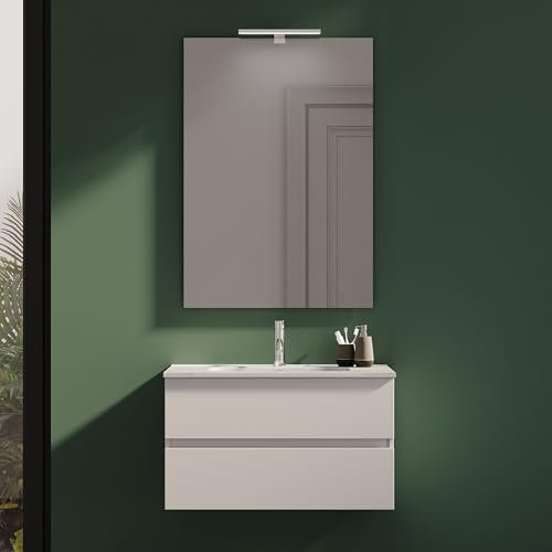 Mobile Da Bagno Sospeso Mod. Yili Con Lavabo In Ceramica Profondità 46cm Specchio Filolucido Incluso (60cm, Bianco effetto legno)