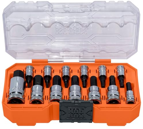 Klein Tools 65213HEXM Knurled Hex Bit Metric Socket Set, 1/4, 3/8 and 1/2-Inch Drives, Premium Cr-V Steel, Metric Sizes 2 mm to 14 mm, MODbox Case, 13-Piece