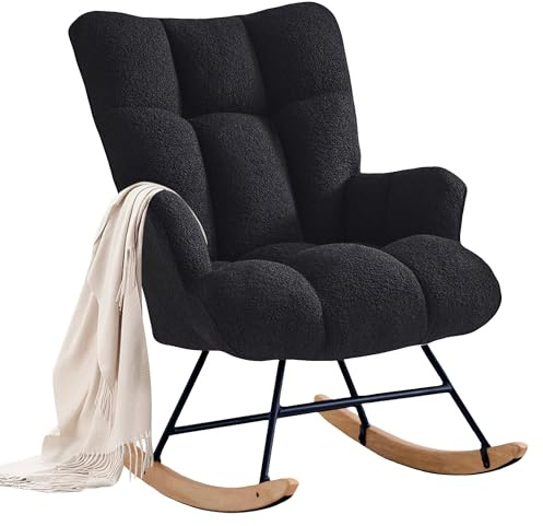 XH.Easy Go Schaukelstuhl Stillsessel Schaukelsessel mit Armlehnen Gepolsterter Schwingsessel Stillstuhl Sessel Relaxsessel für Wohnzimmer Schlafzimmer Babyzimmer, Bis 136 kg Belastbar, Schwarz