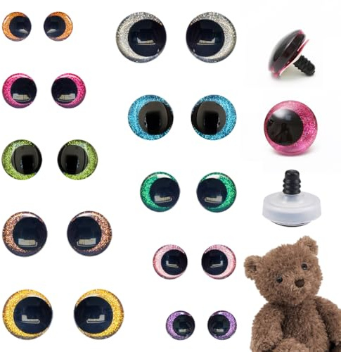 20 Stück Glitter Sicherheitsaugen für Häkeltiere 12mm/14mm/16mm/18mm/20mm | Amigurumi Augen,Puppenaugen Tieraugen mit Unterlegscheiben,Sicherheits Augen für Amigurumi für Plüschtiere,Puppen,Teddybären