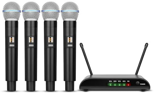 Micrófonos inalámbricos de karaoke Depusheng R4-Pro, sistema profesional de micrófono de mano de 4 canales, micrófono metálico dinámico para karaoke, iglesias, karaoke en casa, reuniones, fiestas, DJ,
