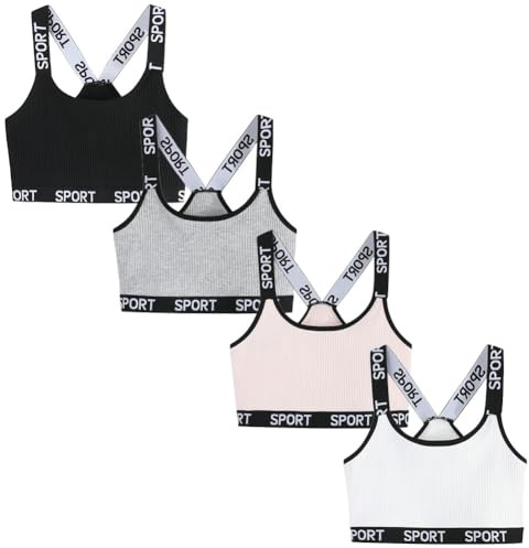 FedMois Girls Sports Bra Unpadded Crop Top Cotton Pack of 4, Sport, 8-10 Anni