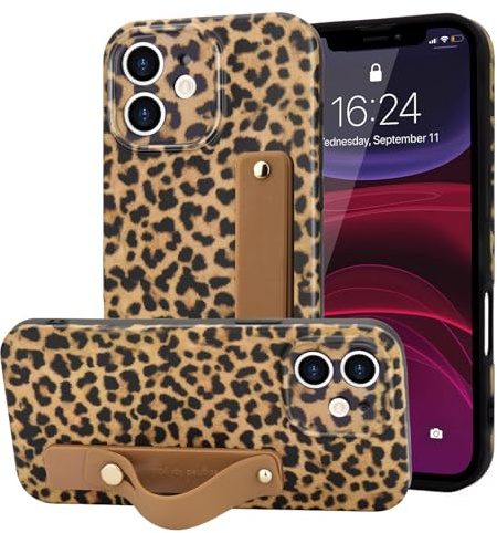 LAPOPNUT for iPhone 11 Case Strap Leopard Tortoise Print, Khaki | Cheetah Amber Pattern Phone Cover, Adjustable Finger Wrist Stand Holer, Cute for Women Girls Men,TPU Bumper Shell, Protecion
