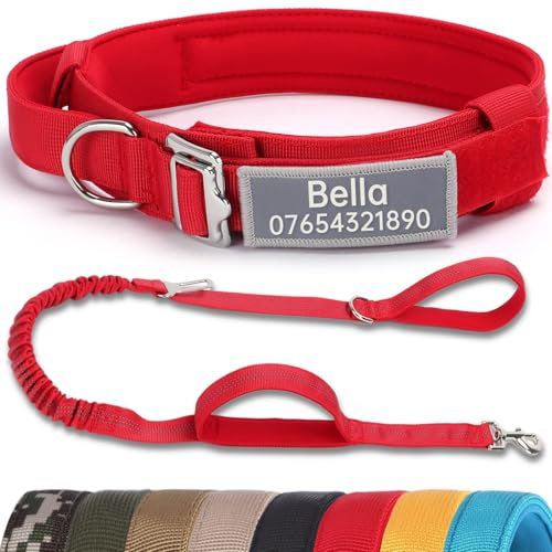 SEOUGEE Taktisches Hundehalsband, personalisierbar, mit Griff und Leine, weich gepolsterte Hundehalsbänder mit individuellem reflektierendem Namensaufnäher, Haustierhalsbänder mit tragbarer Schnalle