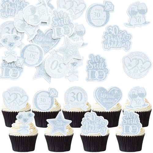 Gyufise 54Pcs Edible 30th Anniversary Cupcake Toppers Pearl Happy Wedding Glutinous Rice Paper Cheers to 30 Years We Still Do Picks Party Cake Decorations Supplies