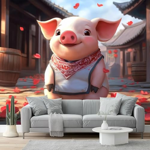 Papel pintado Carta da parati fotografica Animale tradizionale orientale (maialino) Moderne Decorazione Soggiorno Camera Ufficio 350 x 256 cm corridoio decorazioni pareti Colore rosa antico