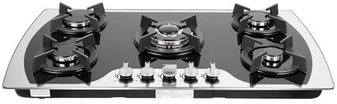 Mermajestic Cuisinière à gaz à 5 feux, encastrable, avec protection automatique contre les flammes avec surface en acier inoxydable et grille en fonte, 5 brûleurs de puissance différente, pour la