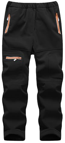 Yenwits Kinder Softshellhose gefüttert Skihose wasserdicht Thermohose Wanderhose Trekkinghose Schneehose Winter Outdoorhose Cargohose für Jungen und Mädchen（9056，schwarz,140-152