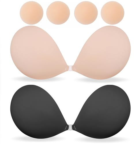 CURLADY 4 Pack Lnvisible Sticky Adhesive Bra, Strapless Reusable Stick On Bra Adhesive Bra For Everyday, Chest Spherical Concealments, Seamless Stick On Bra+2 Pairs Silicone Nipple For Party, Bar Etc