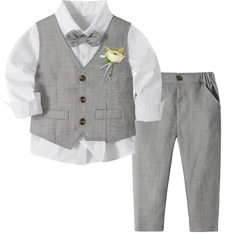 Volunboy Elegant klädset för barn, pojkar, bröllopsceremoni, kostym, 4 delar, långärmad skjorta + fluga + väst + byxor, Grå, 5-6 anni
