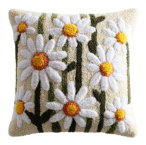 XDEGHUANGSS Kit Créatif Coussins et Tapis au Crochet Avec Motif Pré Imprimé,Kit Coussin Au Point Noué,Loquet Crochet Complet Housse De Coussin,Fait Main,43x43cm(Marguerite)